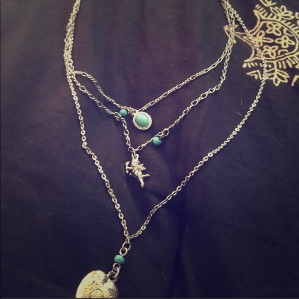 three layer boho silver and turquoise necklace